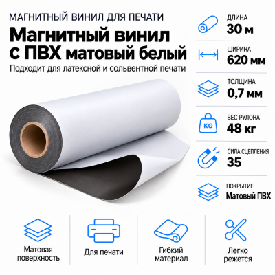 Магнитный винил с ПВХ глянц.бел.,30м*620*0,7мм, PVC-BR, AIC  в Красноярске